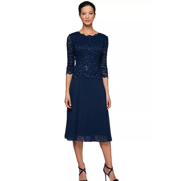 Alex Evenings Sequined Lace Contrast Midi Dress Size 16 Navy Mother of the Bride - Picture 1 of 10